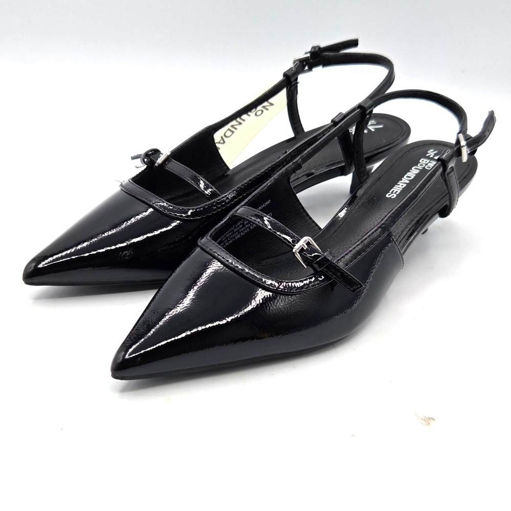 No Bo Black Patent Leather Slingback Pointed Toe Kitten Heels Straps Size 7.5